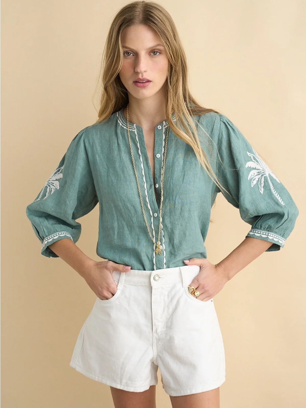 SONMER Mily Green Embroidered Linen Blouse - Medium NEW